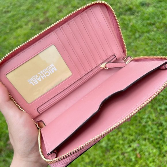 Michael Kors Jet Set Travel Large Flat Phone Wristlet Leather Sunset Rose Pink - Picture 3 of 4